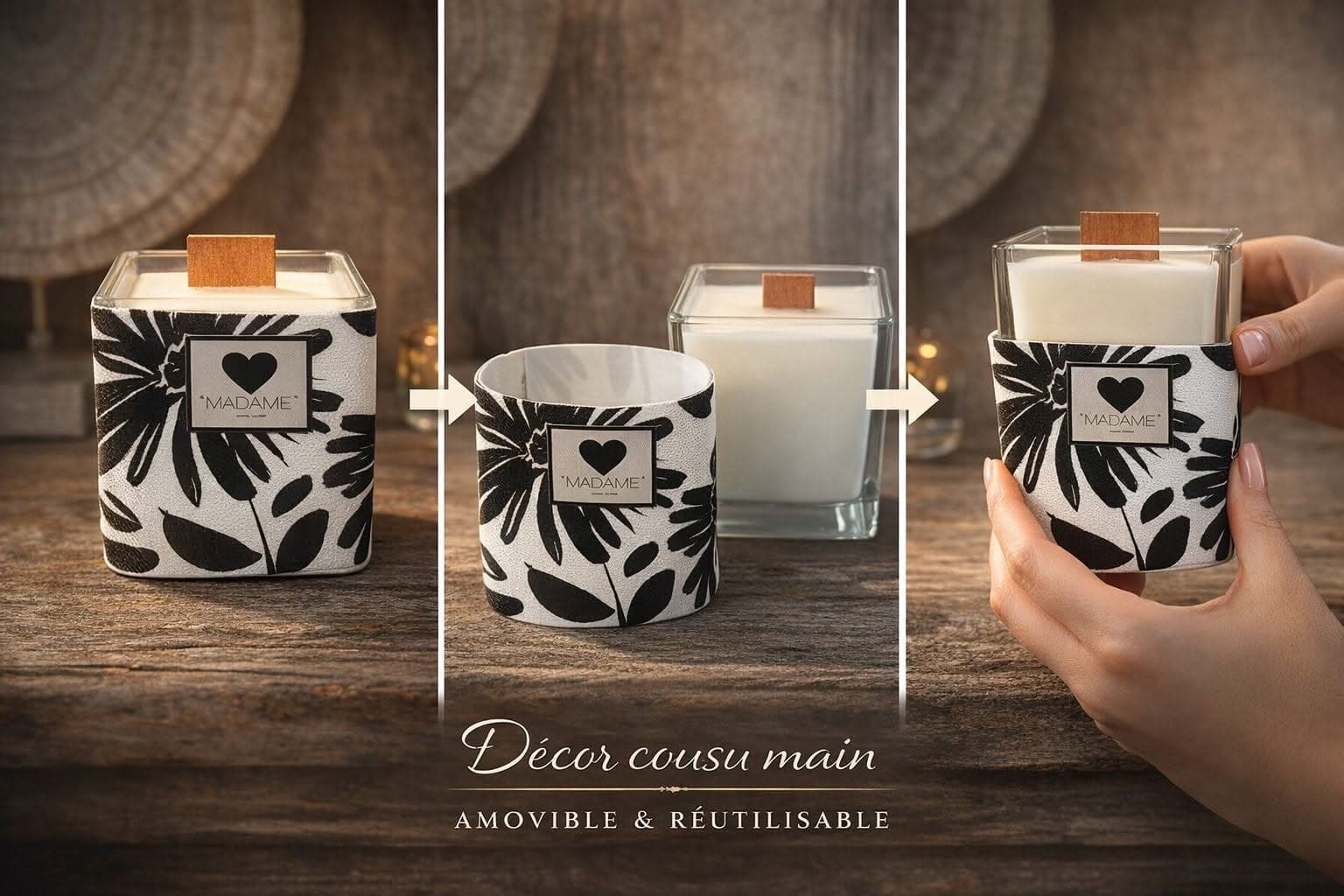 Décor amovible cousu à la main autour d'une bougie